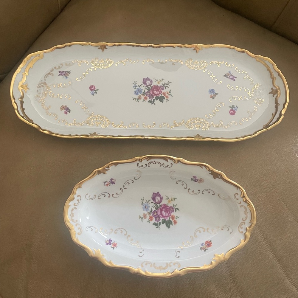 Vintage Reichenbach Made In GDR Fine China Serving Trays Floral Set Of 2